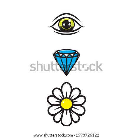 eye, diamond, and flower vector illustration