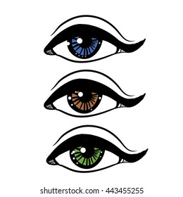 Eye in different colors. Vector stock illustration. Green eye symbol, blue eye symbol, brown eye symbol