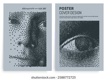 Eye. Digital vision. Network forming AI human face. Technology and robotics concept. Anonymous social masking. Stipple effect. 3D vector illustration for poster, cover, presentation, flyer or banner.