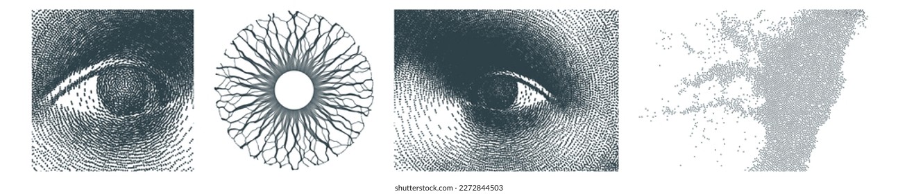 Eye. Digital vision. Small particles strive out of center. Dynamic emitted particles. Researcher looking at substance. Cover design template for layout of the science brochure, presentation or cover. 