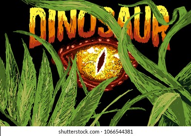 Eye of a dinosaur in the jungle. Imitation of embroidery