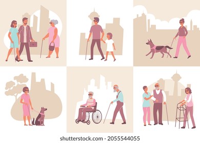 Eye disease set of six square compositions with flat characters of blind people using accessibility goods vector illustration