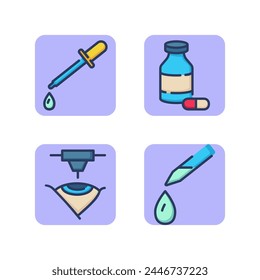 Eye diseases treatment line icon set. Laser vision correction, eye cornea inflammation, pipette eye drops, examination equipment. Ophthalmology and healthcare concept. Vector illustrations for web des