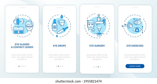 Eye diseases treatment methods onboarding mobile app page screen with concepts. Eye drops for dry eyes walkthrough 4 steps graphic instructions. UI vector template with RGB color illustrations