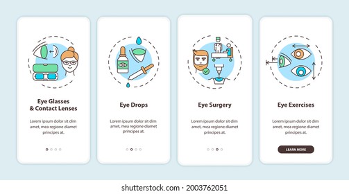 Eye diseases treatment methods onboarding mobile app page screen with concepts. Eye glasses and contact lenses walkthrough 4 steps graphic instructions. UI vector template with RGB color illustrations