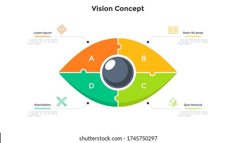 Eye divided into 4 colorful jigsaw puzzle pieces. Concept of four features of creative business vision. Simple infographic design template. Modern flat vector illustration for presentation, banner.