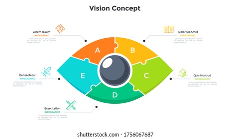 Eye divided into 5 colorful jigsaw puzzle pieces. Concept of five features of creative business vision. Simple infographic design template. Modern flat vector illustration for presentation, banner.