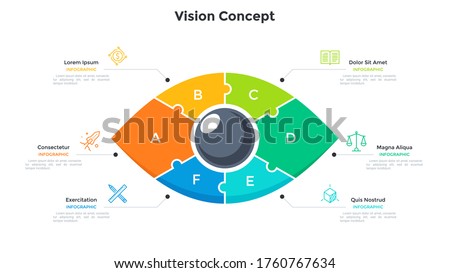 Eye divided into 6 colorful jigsaw puzzle pieces. Concept of six features of creative business vision. Simple infographic design template. Modern flat vector illustration for presentation, banner.