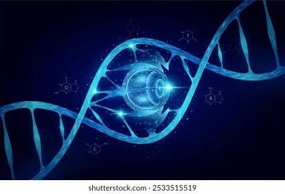 Célula del gen del ADN ocular azul de doble hélice. Biología genética sintética combinada. Órgano de anatomía brillante poligonal. Análisis de código timina, adenina, guanina, citosina. Vector de antecedentes de ciencias médicas.