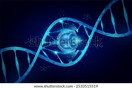 Eye DNA gene cell double helix blue. Genetic synthetic biology combined. Anatomy organ glowing polygonal. Code analysis thymine, adenine, guanine, cytosine. Medical science background vector.