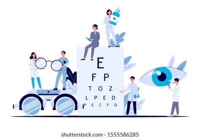 Eye Doctor Banner - Flat Cartoon Poster Of Optometrist And Ophthalmologist Medical Staff People With Glasses, Letter Vision Test And Eye Drops, Isolated Vector Illustration