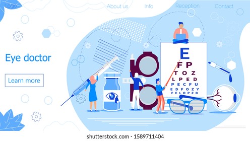 Eye doctor concept for health care banner. Glaucoma treatment concept vector. Medical ophthalmologist eyesight check up with tiny people. It can be used for flyer, card, web, landing page.