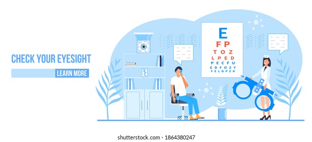 Eye doctor concept for health care banner. Glaucoma treatment concept vector. Medical ophthalmologist eyesight check up with tiny people.