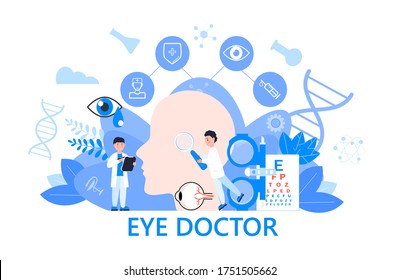 Eye doctor concept vector. Glaucoma treatment concept vector. Medical ophthalmologist eyesight check up with tiny people character. It can be used for banner, flyer, card, website, landing page.