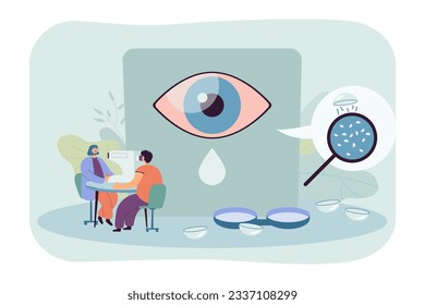 Eye doctor examining patient vector illustration. Contact lenses shedding microplastic into eyes, causing health problems. Eyes care, harm of contact lenses, sight correction concept