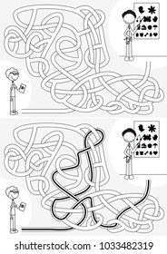 Eye doctor maze for kids with a solution in black and white