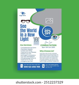 Eye doctor and Optical shop print ready flyer or poster editable text template suitable for medical healthcare flyer, leaflet or brochure cover design