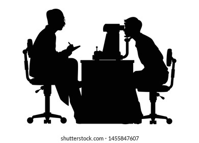 Eye doctor and patient in eyesight examination silhouette vector