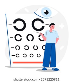 Eye doctor pointing at eye chart. Male ophthalmologist performs vision test on Landolt Chart. Vision test service, glasses prescription, eye disorder diagnostic, acuity testing. Vector illustration. 