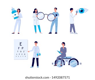 Eye doctor staff set - flat cartoon people in medical uniform holding eyesight treatment and diagnostic equipment - glasses, Snellen chart and eye drops, isolated vector illustration