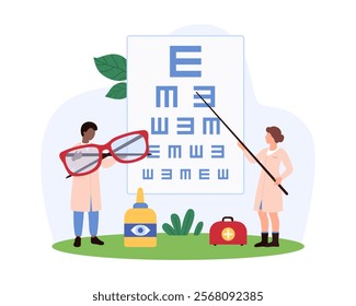 Eye doctors conduct vision tests with a large eye chart and oversized glasses. The scene includes eye drops and a first aid kit, emphasizing comprehensive eye care and examination vector illustration