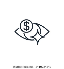 Eye with dollar and sparkle. Creative financial vision of profit, income. Extraordinary  business thinking. Vector linear icon isolated on white background.