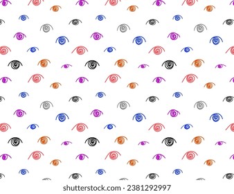 Eye doodle abstract color seamless pattern. Vector  background, isolated on white