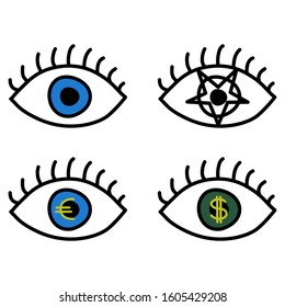 eye doodle logo icon Sign with money dollar euro pentagram Hand drawn Modern cartoon design Children's style Fashion print clothes apparel greeting invitation card cover banner poster flyer menu 