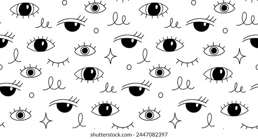 Eye doodle seamless vector pattern. Hand drawn doodle sketch simple background. Open, wink eyes minimal seamless pattern. Abstract pop beauty background. Vector illustration