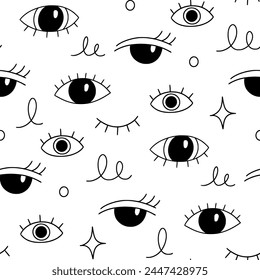 Eye doodle seamless vector pattern. Hand drawn doodle sketch simple background. Open, wink eyes minimal seamless pattern. Abstract pop beauty background. Vector illustration