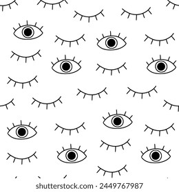 Eye doodle seamless vector pattern. Hand drawn doodle sketch simple background. Open, wink eyes minimal seamless pattern. Abstract pop beauty background. Vector illustration