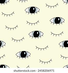 Eye doodle seamless vector pattern. Hand drawn doodle sketch simple background. Open, wink eyes minimal seamless pattern. Abstract pop beauty background. Vector illustration