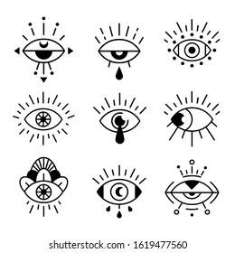 Eye doodle symbols. Evil eyes sign, decorative alchemy tattoo symbol, hipster occult style mystic amulet element isolated vector illustration icon set