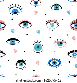 Eye doodles seamless pattern. Hand drawn various eyes talismans, different shapes mystic elements, trendy print fabric design vector texture and minimal, wrapping background,