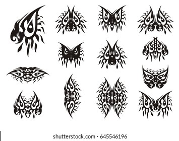 Eye in the dragon form and symbols from it. Butterflies and other decorative symbols formed from the stylized abstract eye of a dragon