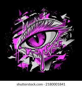 Eye drawing with abstract grunge elements. Vector illustration, can be used as T-shirt print. Black, pink and grey series.