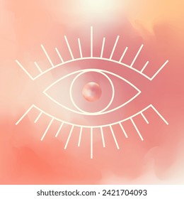 Eye drawing in symbolic line art, a minimalist banner suitable for wall art. Set against abstract backdrop of reddish-peachy watercolor stains. Colored vector illustration.