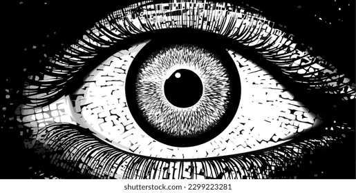 El ojo se dibuja en una ilustración de vector blanco y negro punteado