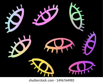 Eye draws vector. Paint stains on a black chalkboard. Set of elements graffiti style. Holographic paint. Neon marker. Watercolor blob, spray, drop. Pastel chalk. Brushes, borders, elements.