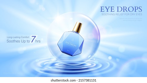 Eye drop banner ad. 3D Illustration of an eye drop bottle circled in the bubble floating on blue ripple surface. Suitable for products that protect and moisturize eyes