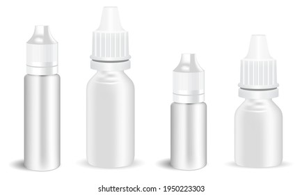 Eye drop bottle. E juice dropper, atomizer spray mockup. Nose allergy dispenser container template, vector packaging. Electronic vapour jar, oil product