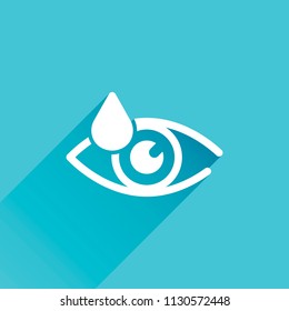 Eye and drop. Simple icon. Gray icon with long shadow in bottom left corner on blue background