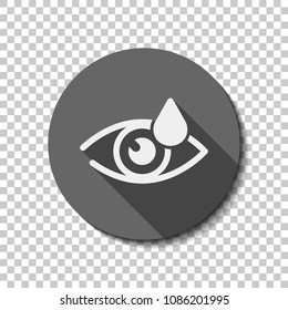 Eye and drop. Simple icon. White flat icon with long shadow in circle on transparent background. Badge or sticker style