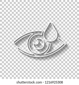 Eye and drop. Simple icon. White outline sign with shadow on transparent background
