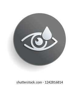 Eye and drop. Simple icon. White paper symbol on gray round button or badge with shadow