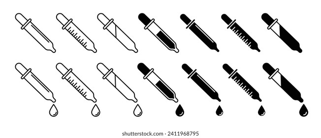 Augentropfen-Vektorsymbol-Set. Schwarz-Weiß-Pipette-Werkzeug Vektorsymbol. medizinisches Serumpickerzeichen. Wissenschaftsrosa Picket Instrument Icon Sammlung.