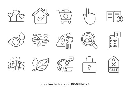 Eye drops, Airplane travel and Leaf dew line icons set. Add products, Sports stadium and Calculator signs. Love heart, Sale coupon and Hand click symbols. Lock, Facts and Search employees. Vector