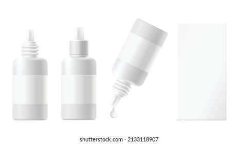 Colocación de botellas blancas de plástico y conjunto de plantillas de caja de cartón, ilustración vectorial realista aislada en fondo blanco. Mochila de botellas de medicina ocular.