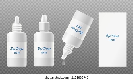 Eye drops bottles in 3d realistic vector illustration. Set of open and closed white plastic container with medical drug for eyes on transparent background. Blank packing template for mockup