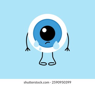 Eye with drops, cry, cute character. Lacrimation, watering. Health eyesight. Vector cartoon illustration